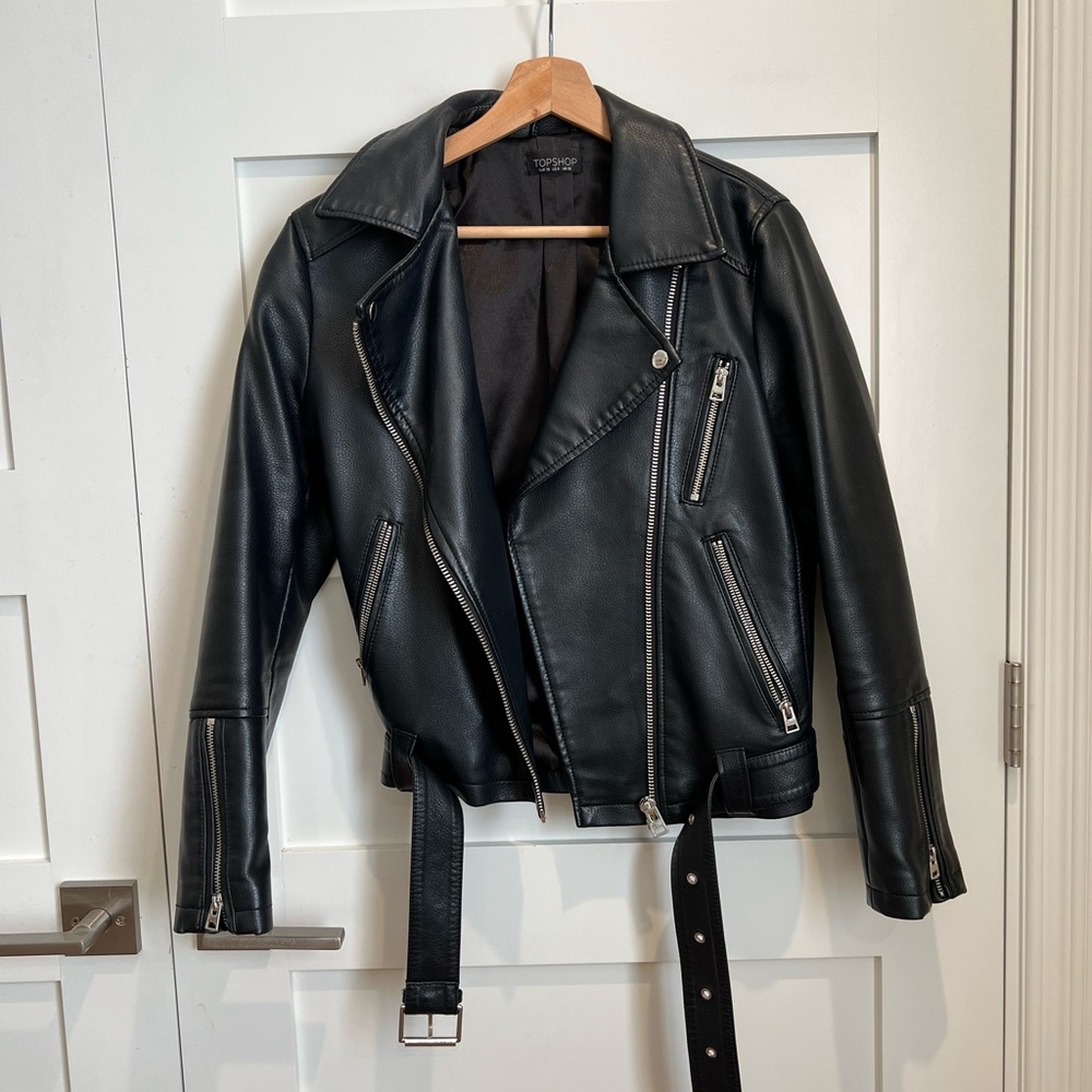 TOPSHOP Black Faux Leather Moto Jacket Size 6